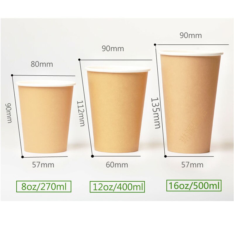 Taza de café desechable gruesa de una sola capa de papel Kraft, 8oz/12oz/16 leche onzas, vasos de embalaje para llevar Zumo de té con tapa, 50 Uds.