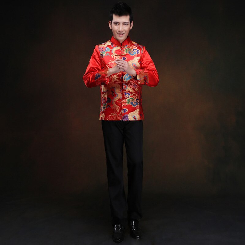 Czerwona tunika mężczyźni tradycyjny chiński mężczyzna orientalne męskie ubrania shanghai tang top cheongsam ślub chiński garnitur tang dla mężczyzn