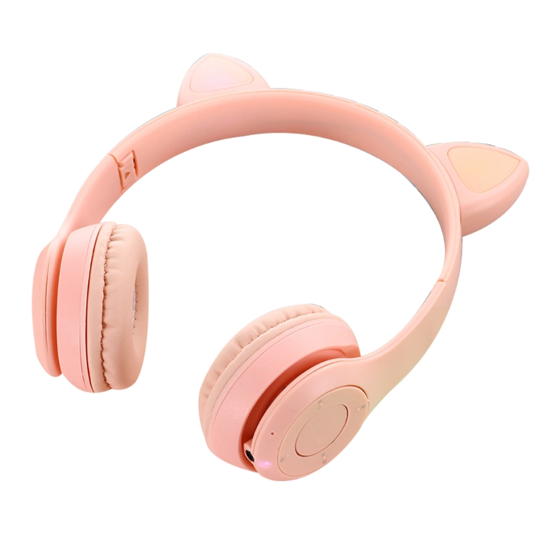 R9ja fluffy cat ear headphones with  p47m microphones, bluetooth compatible wireless on-ear stereo headset for children and girls: Pink