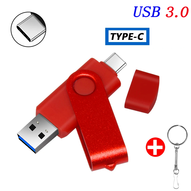 Type-C USB 3.0 High Speed Flash Drive 2 IN 1 360° Rotate Freely Pen Drive 128GB/64GB/32GB/16GB Multi-format Compatible U Disk: Red / 128 GB