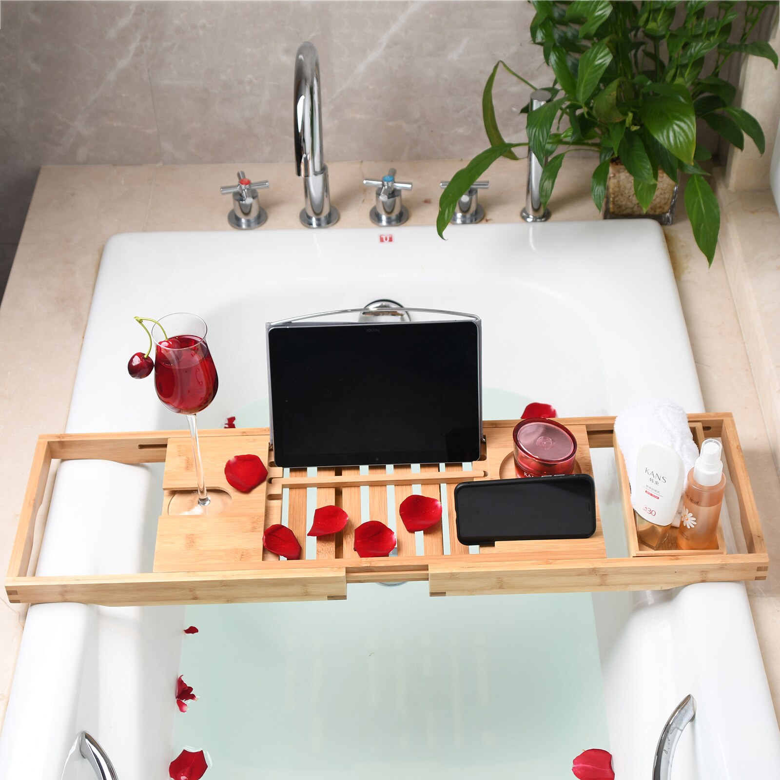 Bamboo Bathtub Tray Perfect Expandable Bathtub Caddy with Reading Rack or Tablet Holder, Bath Tray Includes a Wine Glass Holder