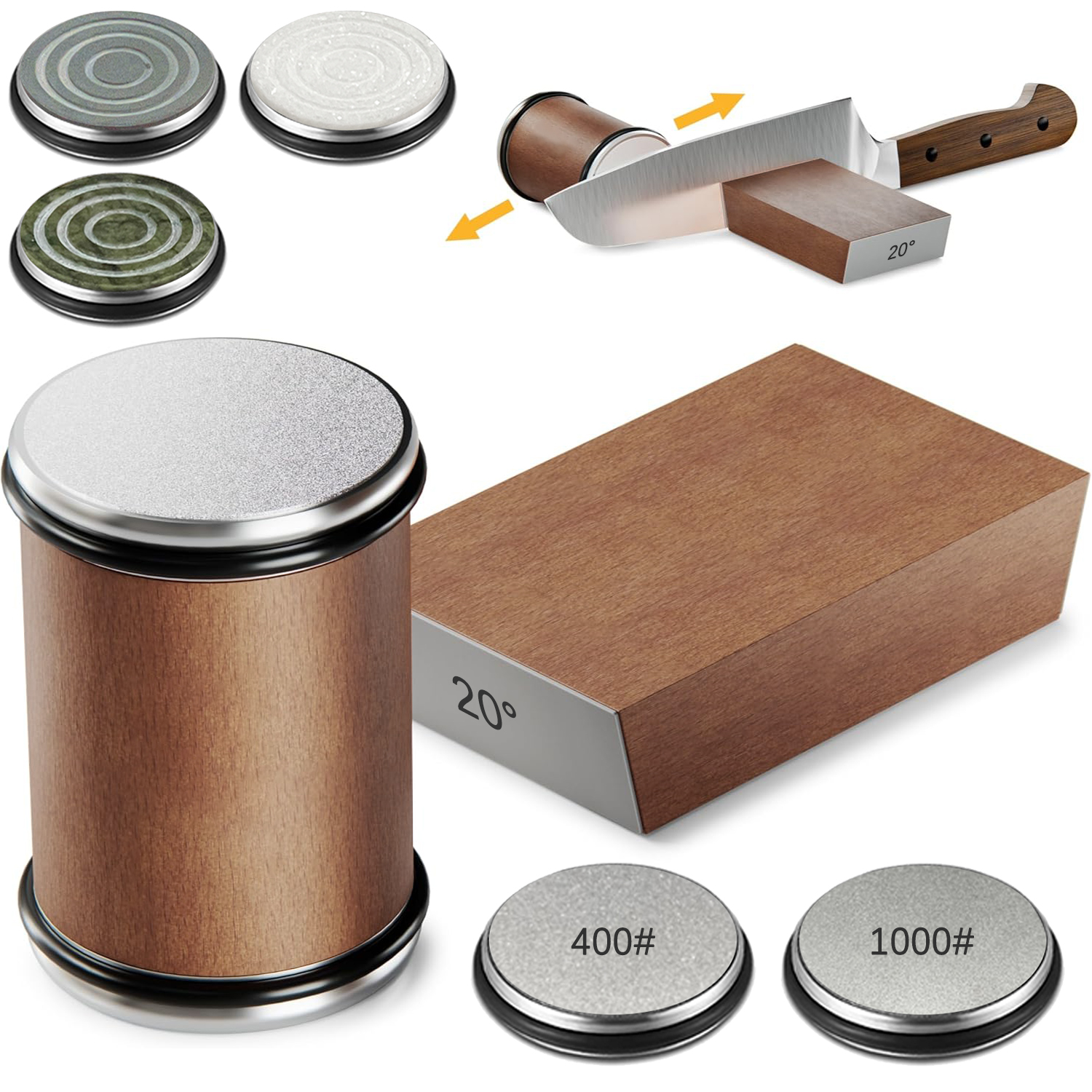 Affilacoltelli con rotolamento Portacoltelli magnetico kit pietra per affilare diamantata con accessorio da cucina con rullo angolare da 15 e 20 gradi