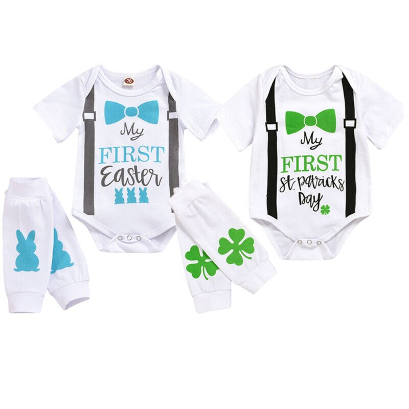 Kids Boys Girls Bodysuits Sets Letter Print Long Sleeve Jumpsuits Leg Warmers My First St.Patrick's/Easter Day Clothes