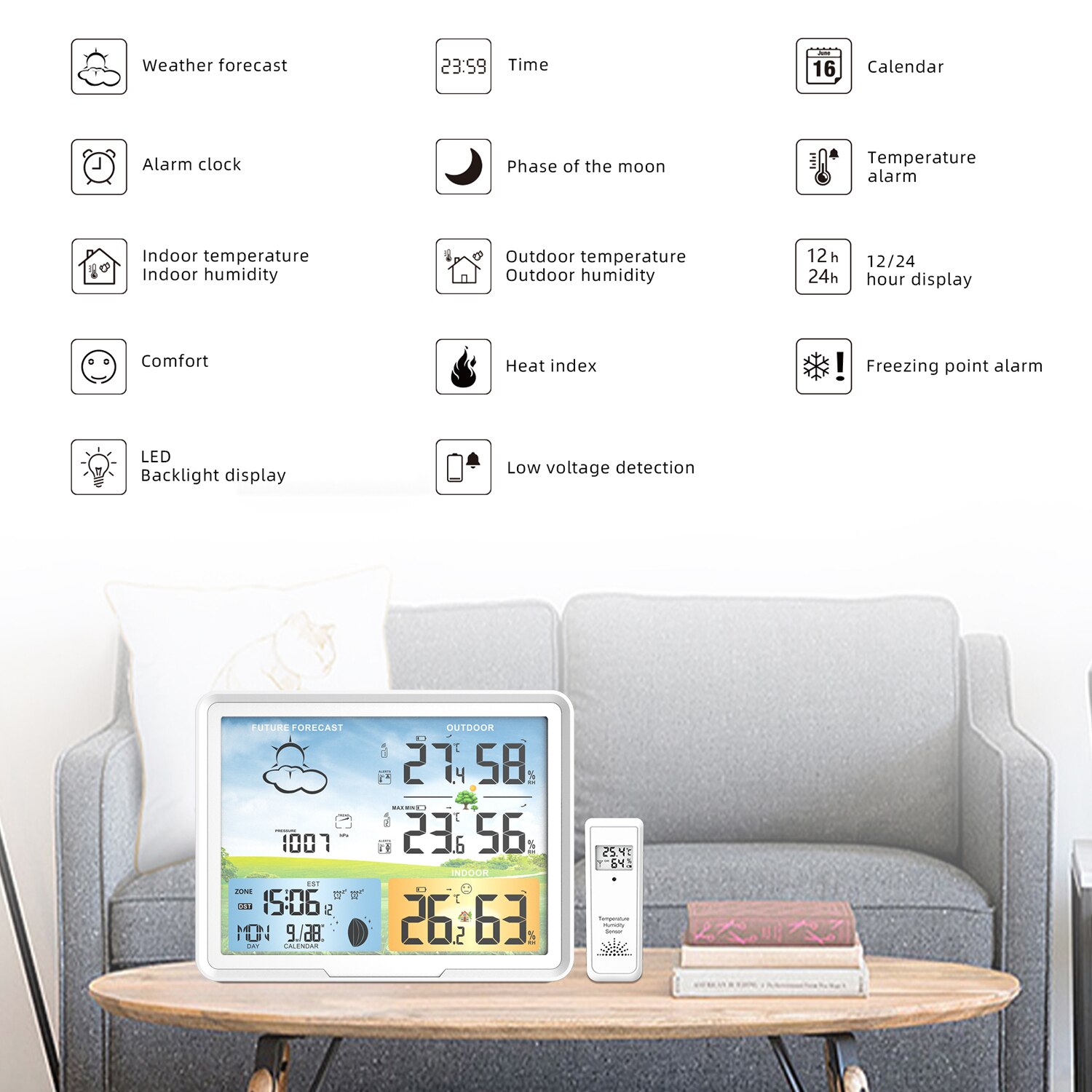 Protmex PT20 Weather Station Clocks Wireless Digital Thermometer Hygrometer Forecast Calendars Moon Phase Snooze Alarm Clock