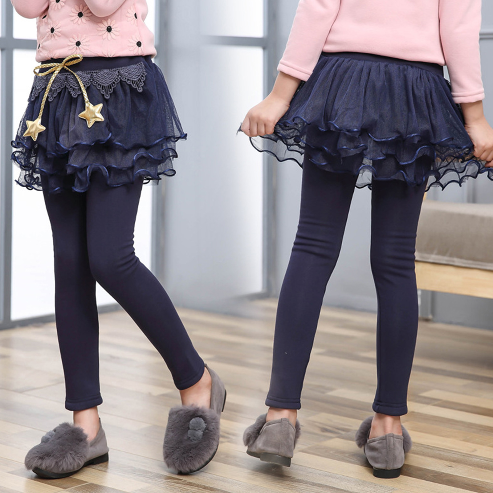 Pantaloni per bambini Leggings per ragazze con gonna Tutu in maglia a strati autunno inverno abbigliamento per bambini Leggings in cotone stelle gonna ornata-pantaloni