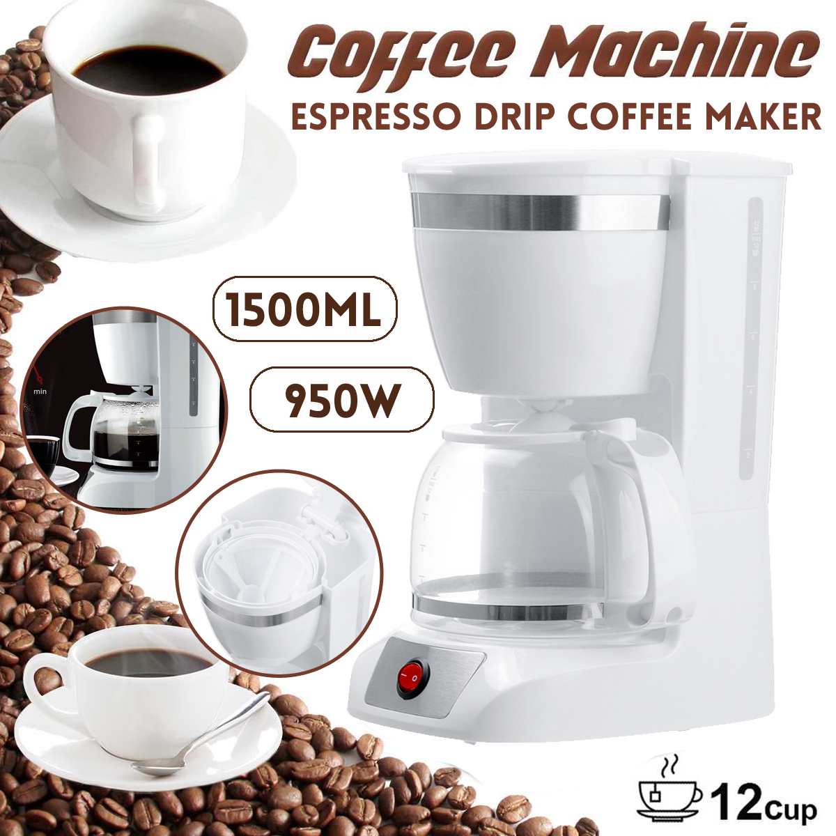 950W Automatic Coffee Maker Machine Cordless Electric Coffee Pot Food Grade Moka Coffee Kettle for 220V1500ml