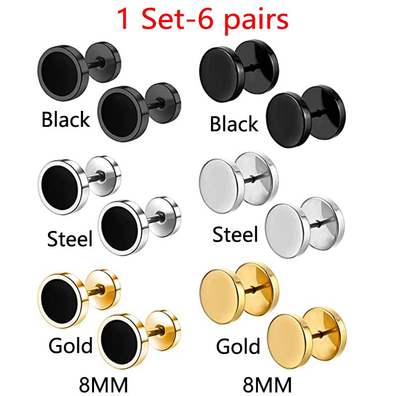 6 Pairs Barbell Oor Stud Set Titanium Staal Hypoallergeen Piercing Punk Oorbellen Sieraden Voor Mannen Vrouwen 8Mm Goud Zilver zwart: 1 Set-6pairs
