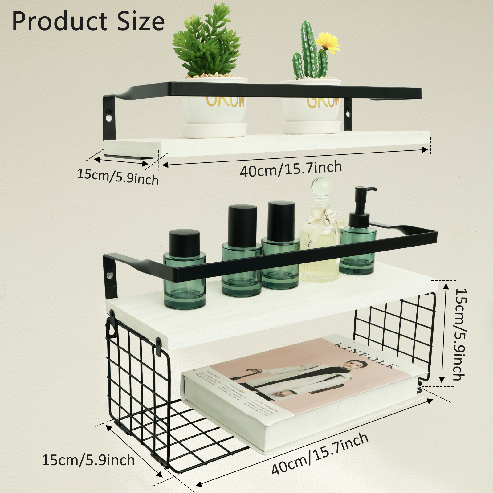 Estantes flotantes montados en la pared, estantería de madera para baño con barandilla protectora de Metal, estante de almacenamiento abierto resistente para cocina y baño: Verde