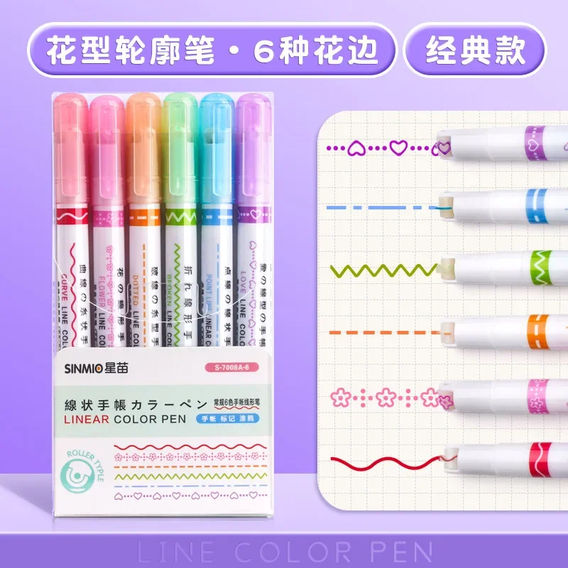 3/6 stks/set Kawaii Bloemen Lijnvormige Markeerstiften Roller Tip Curve Liner Marker voor Schrijven Journaling Tekening briefpapier: Light Grey