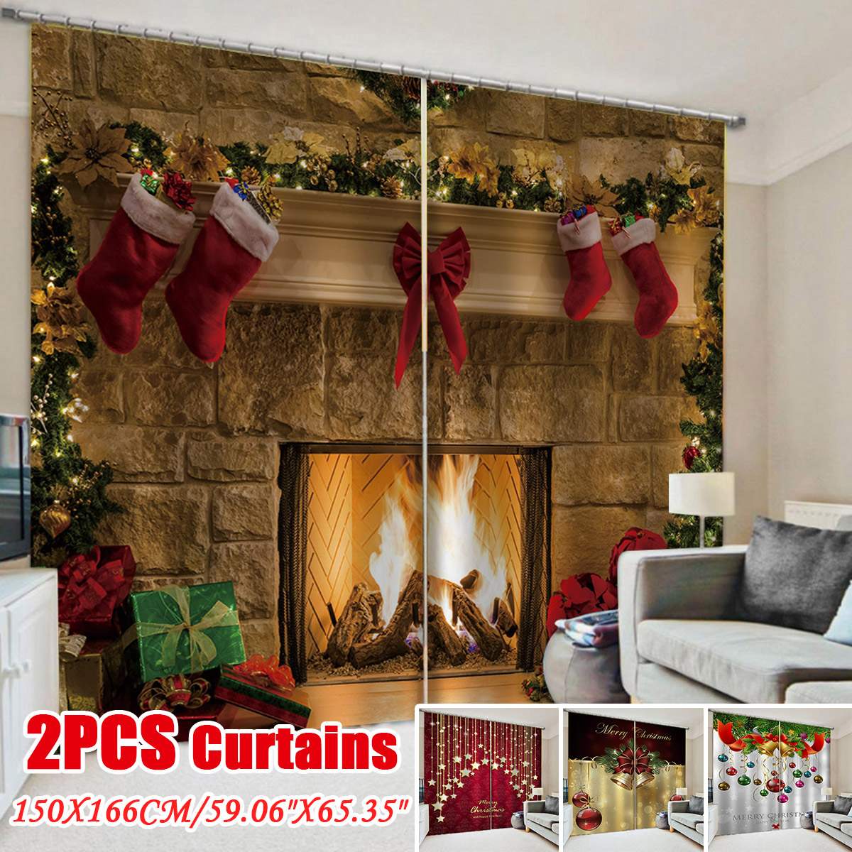 2 stk juleårsdekorationer gardiner til stue soveværelse indretning julestjerner sne klokkevindue шторы новогодние