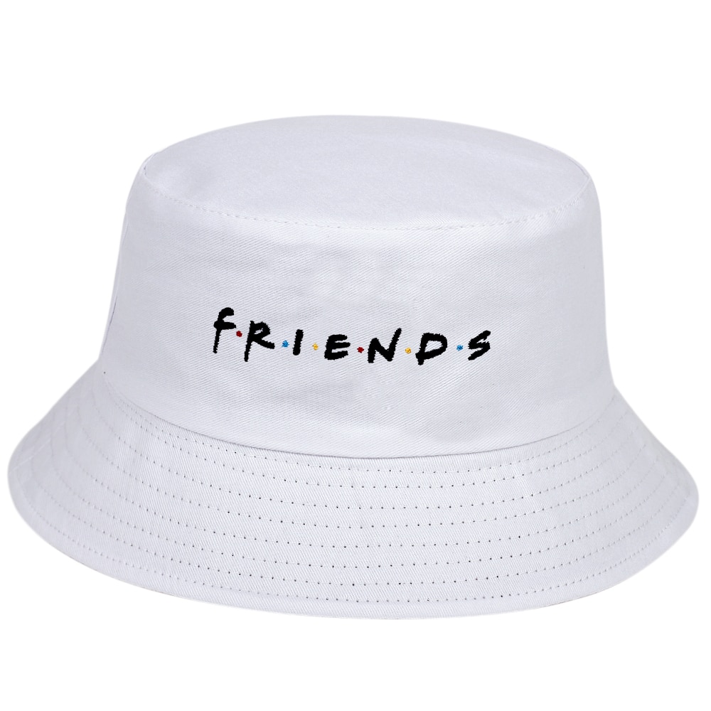 Simple Friends embroidery Bucket Hat Male Outdoor Fisherman Hats Women sun Bucket Caps Black Panama bucket hats: White