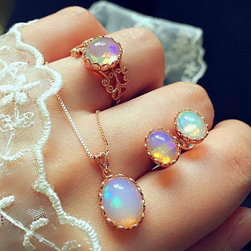 Schattige Vrouwelijke Ovale Maansteen Sieraden Set Charm Rose Goud Kleur Stud Oorbellen Voor Vrouwen Dainty Bruid Bruiloft Collier Ring