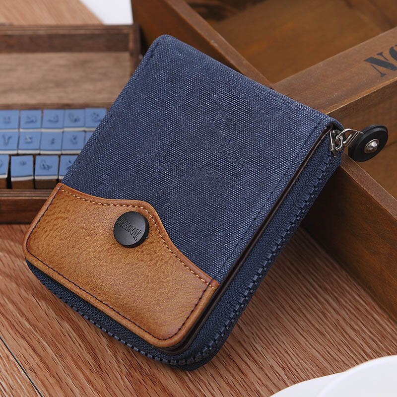 Portefeuille Cowboy en toile pour hommes, porte-monnaie de grande capacité, court, Vintage, avec poche à monnaie, fermeture éclair,: Bleu profond