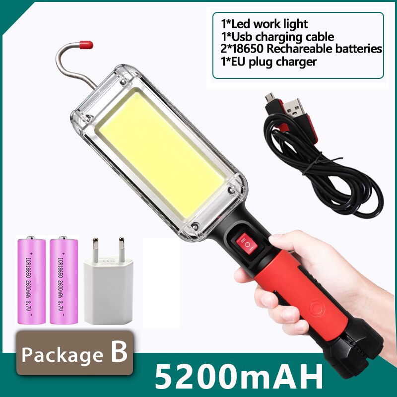 200w kraftige lommelykter 5200 mah lommelykt usb oppladbar kolbe arbeidslys med magnetkrok campingtelt arbeidsvedlikeholdslykt: Pakke b