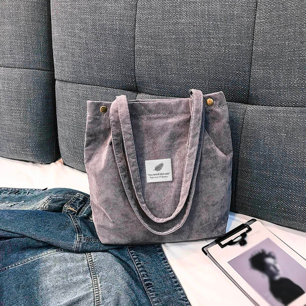 Transer Women Shoulder Bag High Capacity Corduroy Tote Ladies Pure Hand Bag Foldable Reusable Shopping Travel Beach Bag #YY: Gray