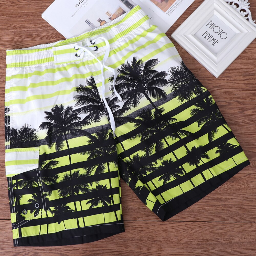 Men Fast Dry Beach Shorts Palm Tree Casual Surfing Swimming Trunks with Pockets - Size (Yellow)