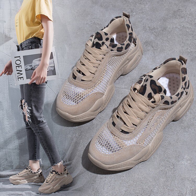 Vrouwen Schoenen Luipaard Holle Mesh Ademende Chunky Platform Sneakers Voor Vrouwen Vulcaniseer Schoenen Zomer Lederen Casual Schoenen