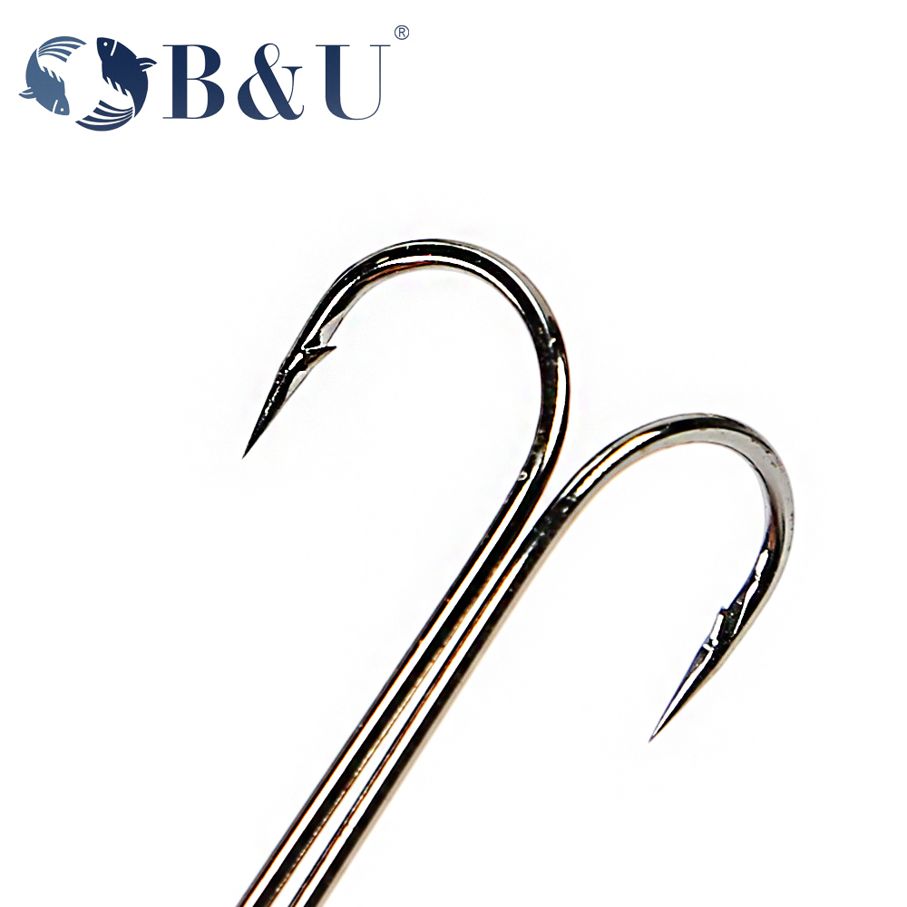 Anzuelos de pesca B & U, anzuelo doble súper largo, aparejos de pesca largos de acero rico en carbono, diferentes tamaños equipados con señuelo suave