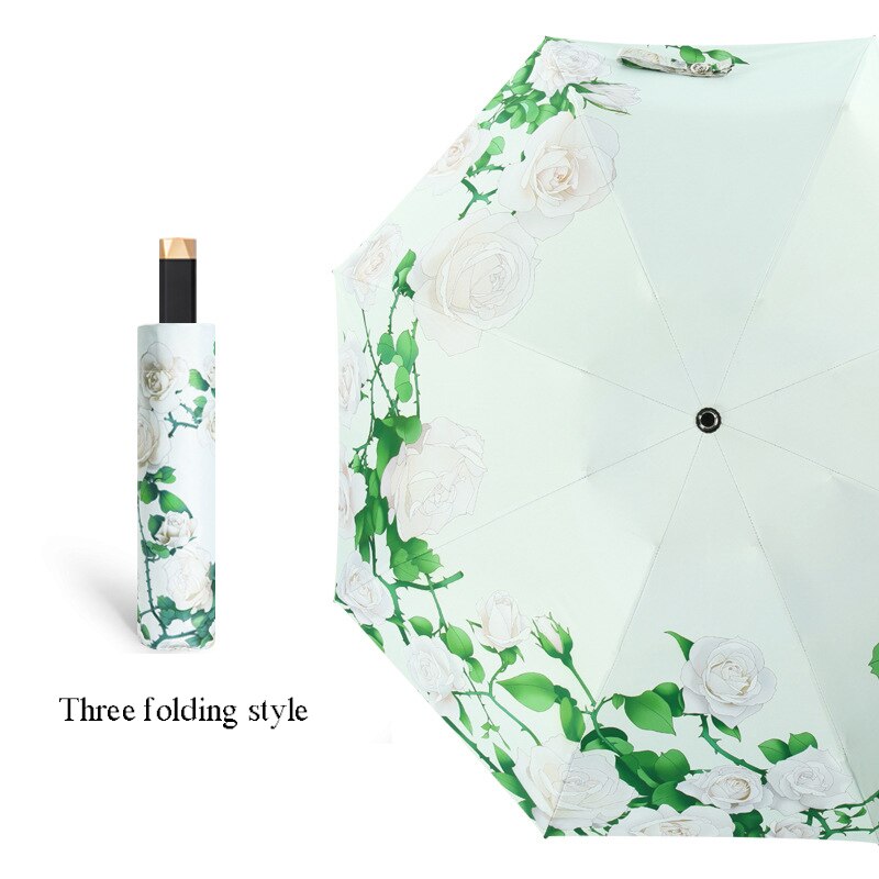 Paraguas plegables elegantes con flores para mujer, Parasol anti UV con revestimiento negro, paraguas para mujer, equipo de lluvia de viaje para chica, paraplaie compacto: 3 fold 8 ribs B