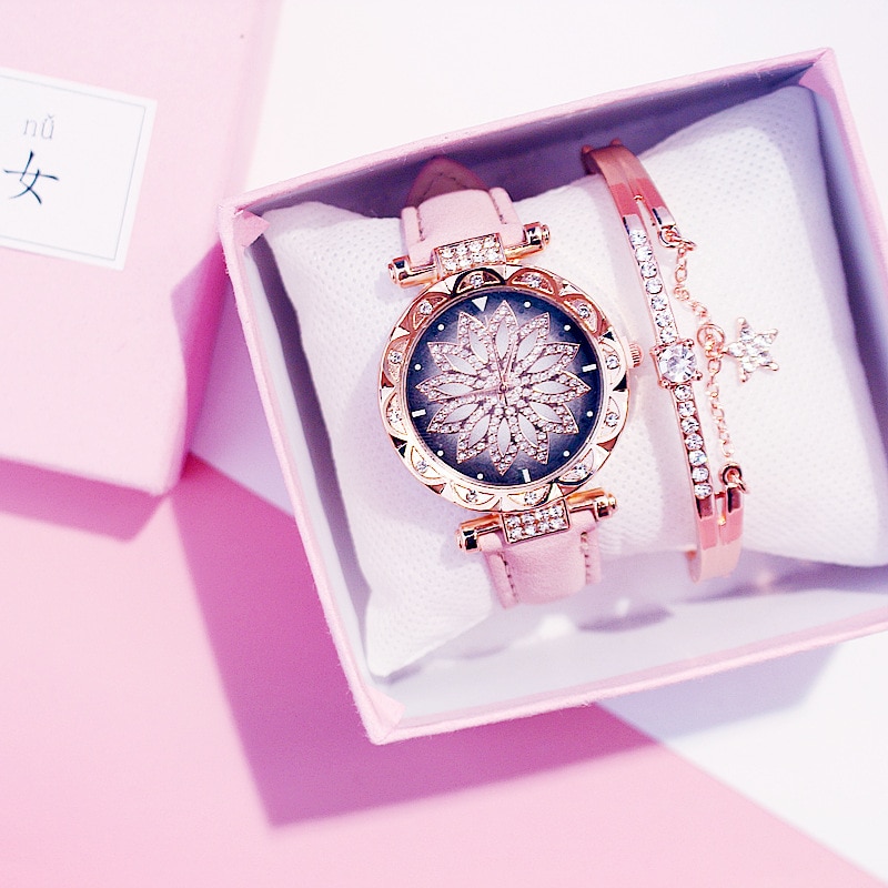 Frauen Uhr Armband 2 stücke Set Starry Sky Damen Armband Uhr Casual Leder Quarz Armbanduhr Uhr Relogio Feminino