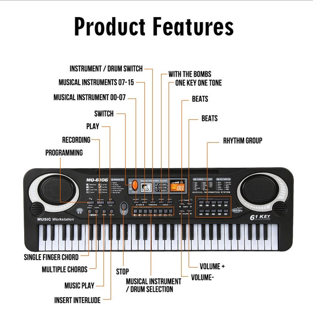 61 Keys Black Digital Music Electronic Keyboard Key Board Electric Piano Kids with microphone Keyboard Musical Instruments
