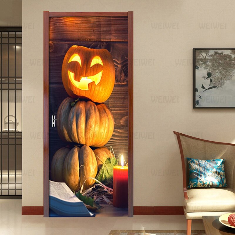 3D Halloween Pumpkin Light Door Sticker Wallpaper PVC Waterproof Self-adhesive Living Room Door Decor Decal Detachable 3D Mural