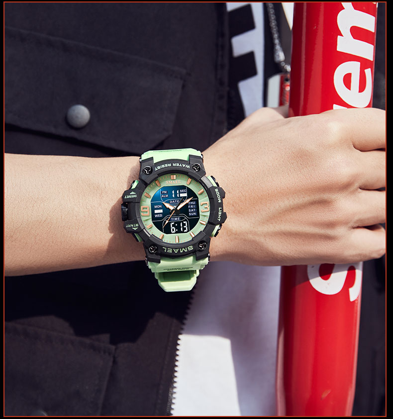 Smael 8049 Horloge Sport Led Licht Wekker Dual Time Display Waterproof Week Auto Date Polshorloges Quartz