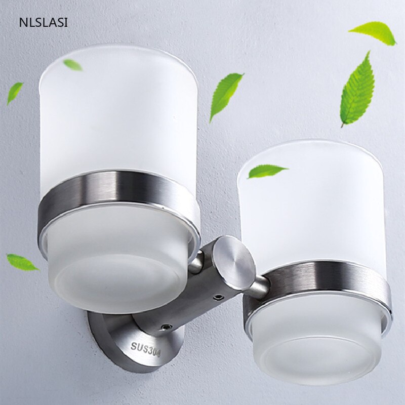 Stainless Steel Toothbrush Tooth Cup Holder with Mouth Cup Wall Mounted Bath Two Cups Rack Bathroom Accessories Storage Rack
