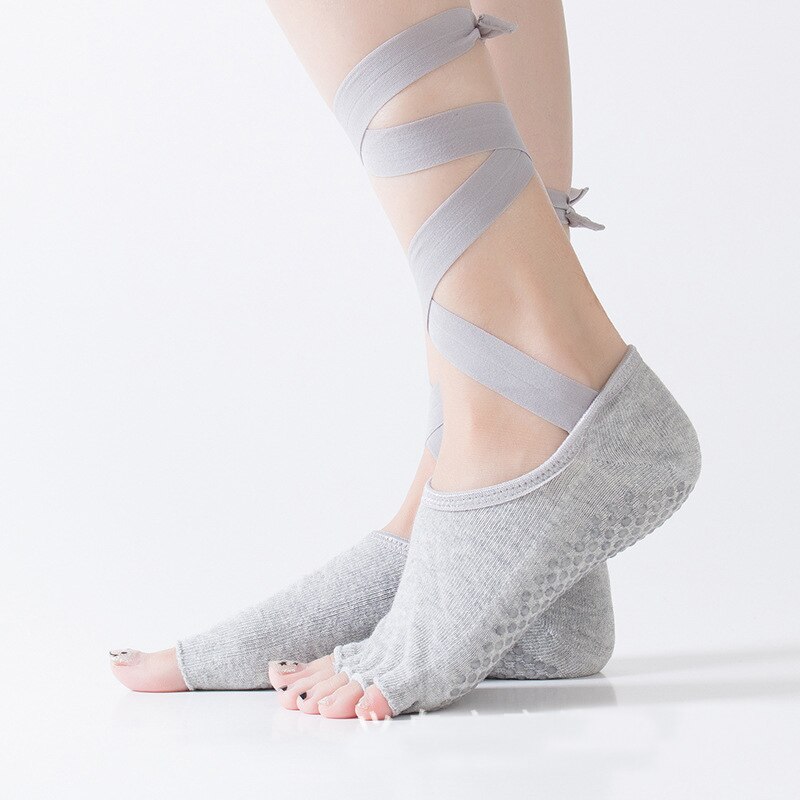 #39 öppna femtåiga yogastrumpor med bandage, snörning, andningsbara, halkfria, pilates, barre-dans, gym, fitness, sportstrumpor med grepp: Ljusgrå