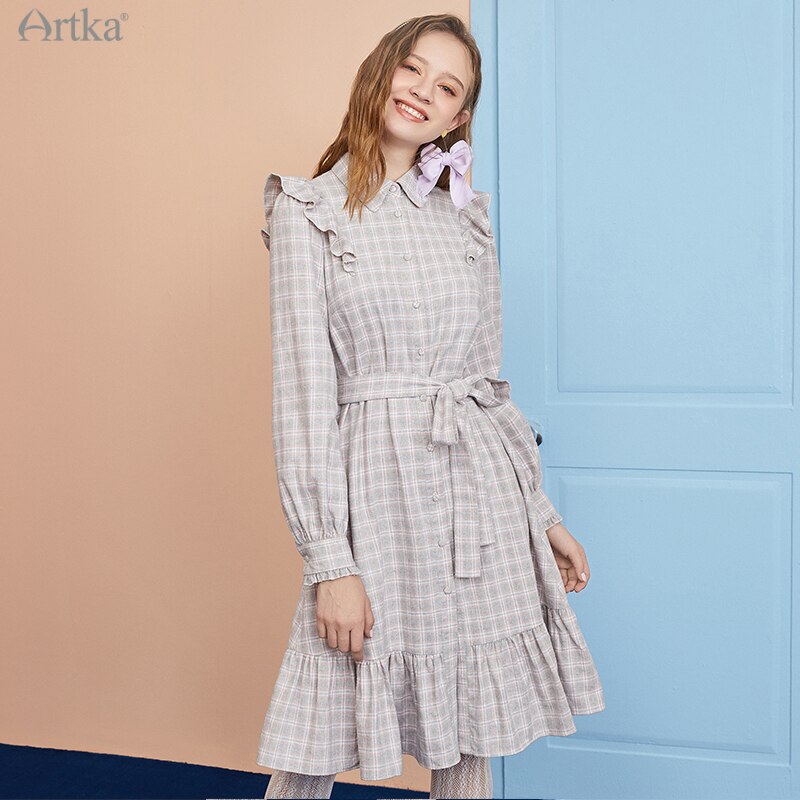 Artka Herfst Winter Vrouwen Jurk Elegante Ruches Plaid Shirt Jurken Lange Mouw Losse Lange Jurk Met Sjerpen LA22003D