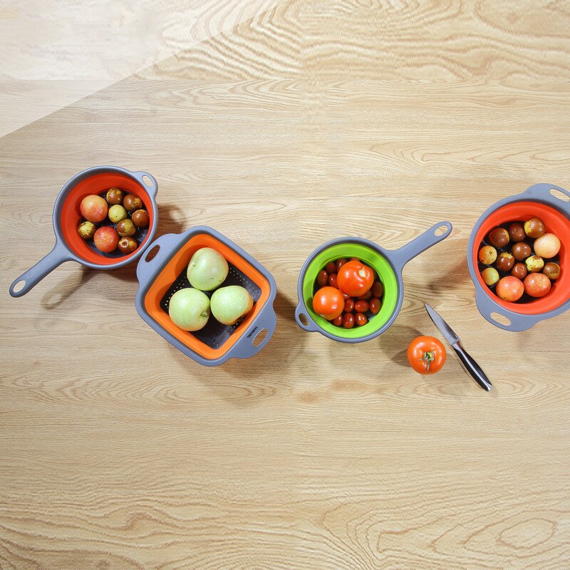 Folding With Handle Silicone Plastic Colander Drain Basket Fruit Vegetable Washing Strainer Drainer Kitchen Accessories