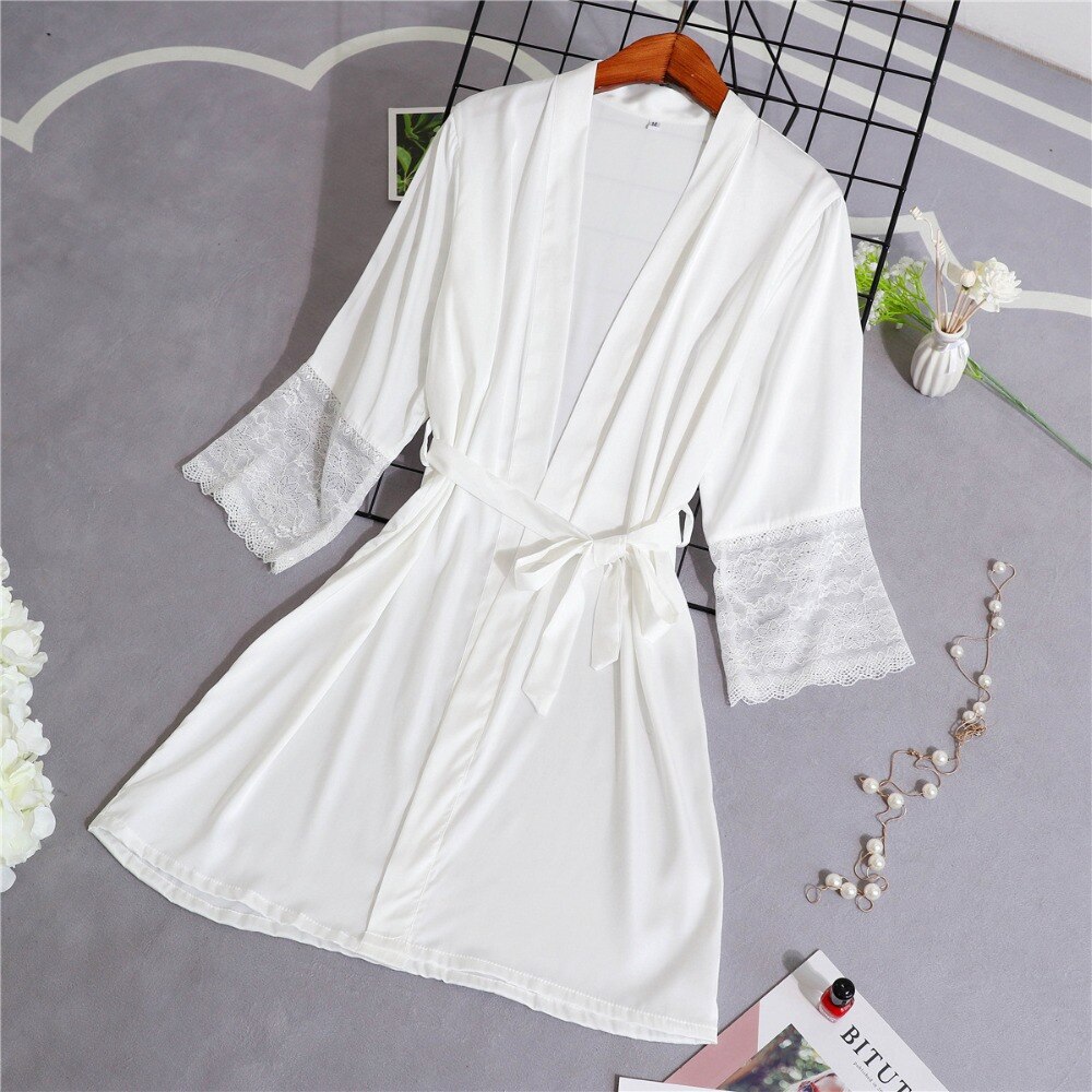 Women Silk Satin Short Night Robe Solid Kimono Robe Sexy Lace Trim Bathrobe Peignoir Bride Bridesmaid Robe Dressing Gown: white / XXL
