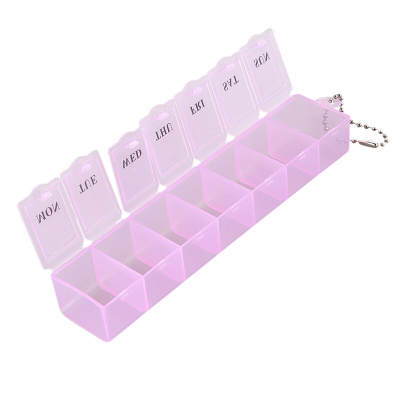 Pastillero de plástico rosa con 7 compartimentos, caja semanal con cadena de bolas