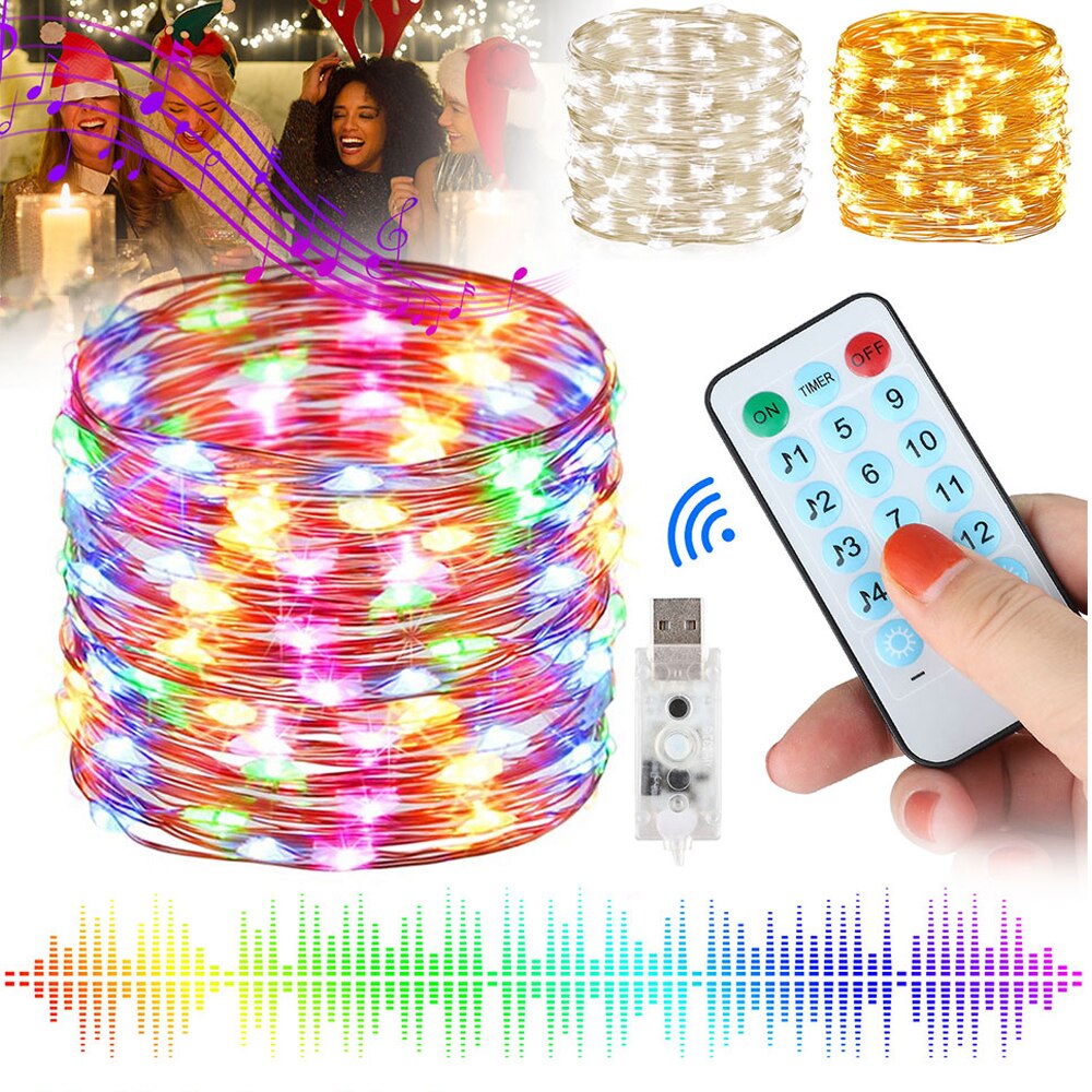 Sound Activated LED Music String Lights 5M 10M 12 Modes Waterproof Copper Wire Twinkle String Lights For Party Christmas Wedding