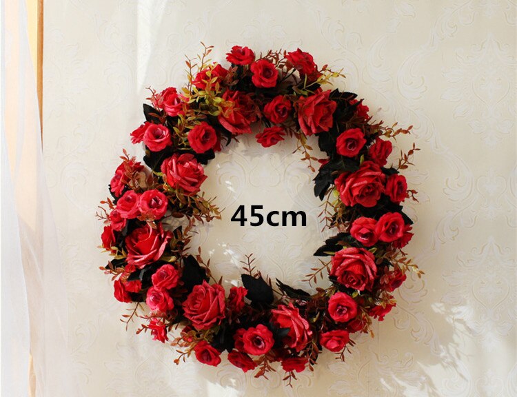 Kunstbloem Ronde krans rotan zijden bloem simulatie rose bloem plant wedding home muur deur decoratie party: red-45cm