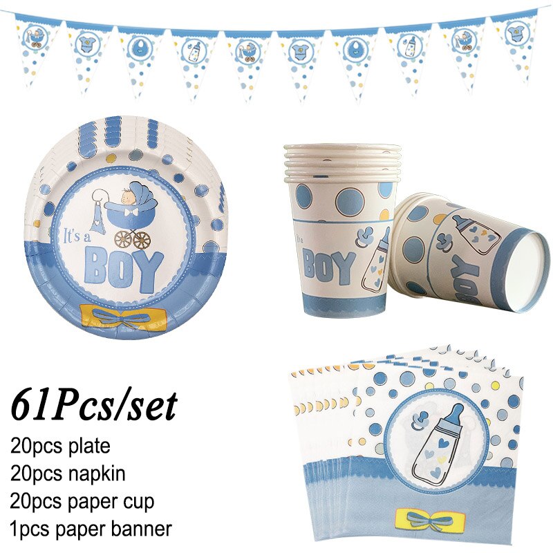 61 unids/set juegos de vajilla para Baby Shower taza y plato de papel de cumpleaños niña niño Baby Shower decoración favorece el género Reveal: 61pcs boy set