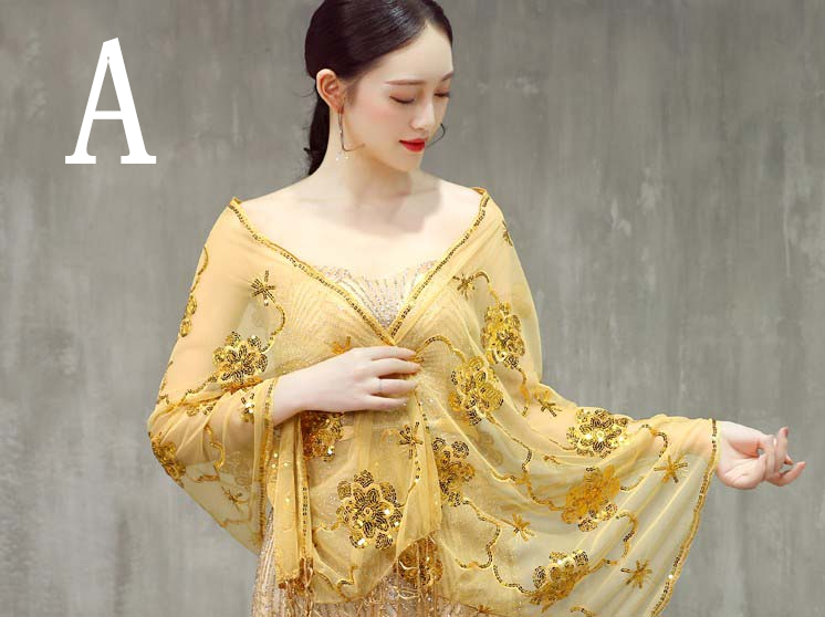 Kvinder cheongsam rød guldblå aftenomslag sjal paljetter blonder wrap med lang kvast formel bryllupsfest damer bolero: Et guld