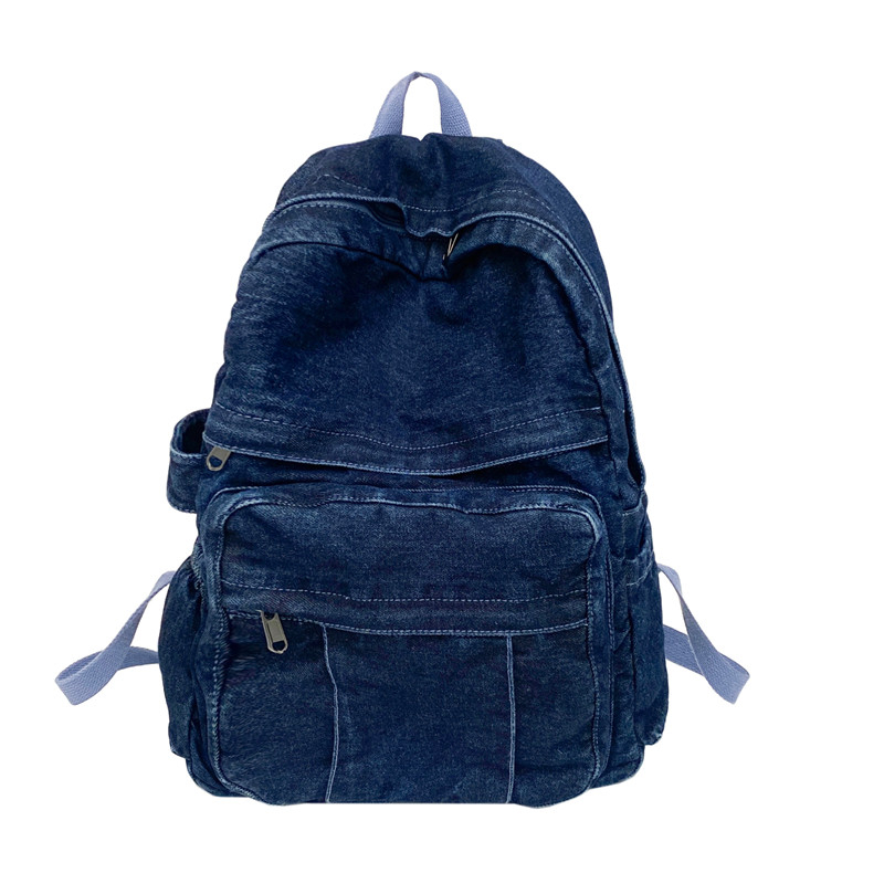 Denim Vintage Backpack Women Shoulder Bag Large Capacity Jeans School Bag Female Daily Backpack Simple Laptop Backpack: DEEP BLUE