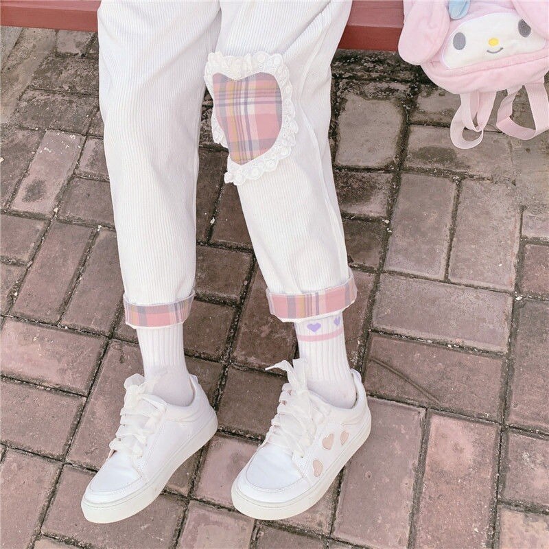 Qweek japansk kawaii pink fløjlsbukser kvinder blød pige plaid brede ben hvide bukser til kvindelig kærlighed hjerte patchwork sød