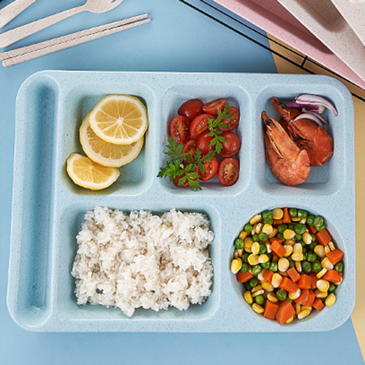 Portable Eco-friendly Wheat Straw 6-Compartment Lunch Container Food Meal Storage Picnic Tray with Fork Spoon & Chopsticks