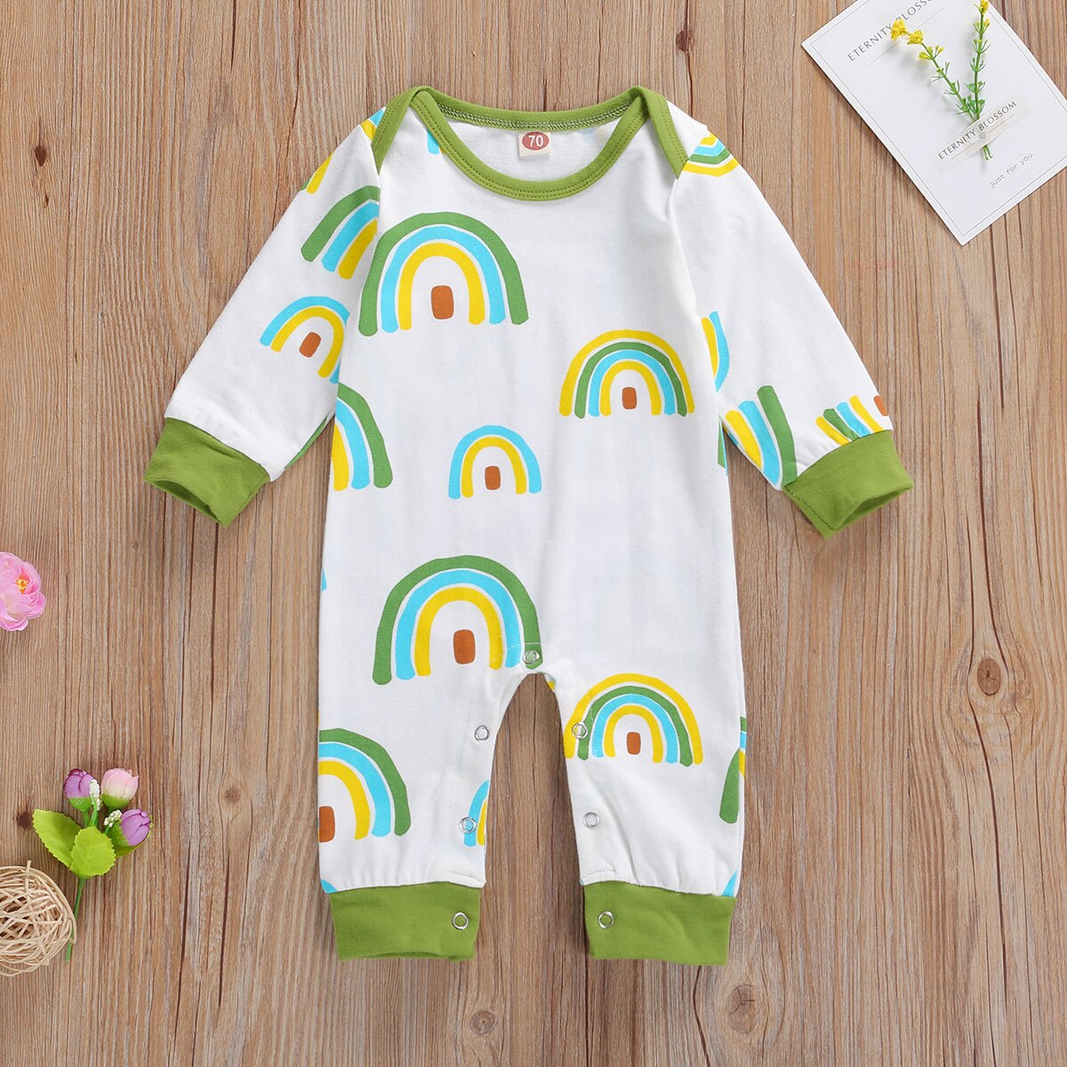 Mise au point Kid bébé filles garçons barboteuse arc-en-ciel impression à manches longues entrejambe boutons automne combinaisons 4 couleurs