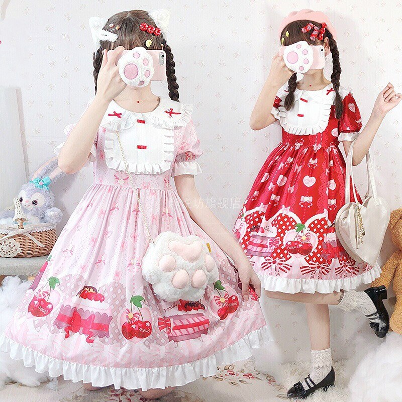 2 couleurs japonais lolita Swee fille lolita robe Kawaii fraise lolita robe été dessin animé cerise princesse robe thé fête