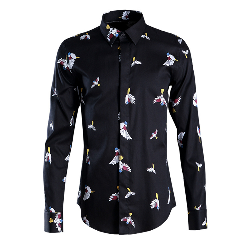 Camisa con estampado de pájaro para hombre, ropa de algodón de manga larga, ajustada, informal, de talla grande, nueva , a la ,: Negro / L(62-70kg)