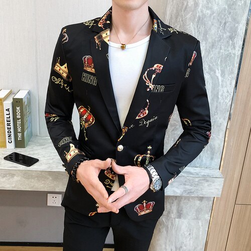Men's Suit Jacket Spring Crown Print Wedding Dress Men's Slim Dress Spring Casual Men's Party Dress: Black / Asian M 46-54KG