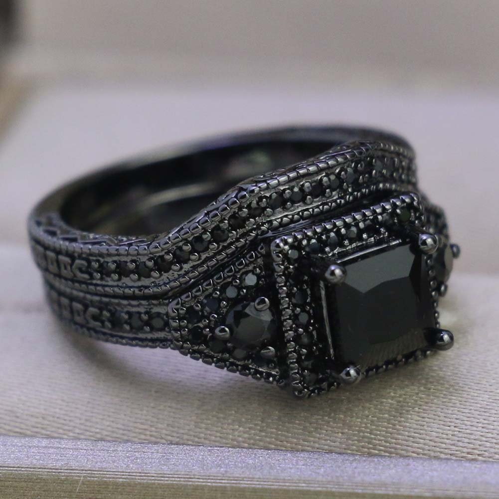 Anillos de pareja con dijes, conjunto de anillos románticos con diamantes de imitación negros para mujer, anillo de acero inoxidable con piedra CZ negra de dos filas para hombre, joyería de boda