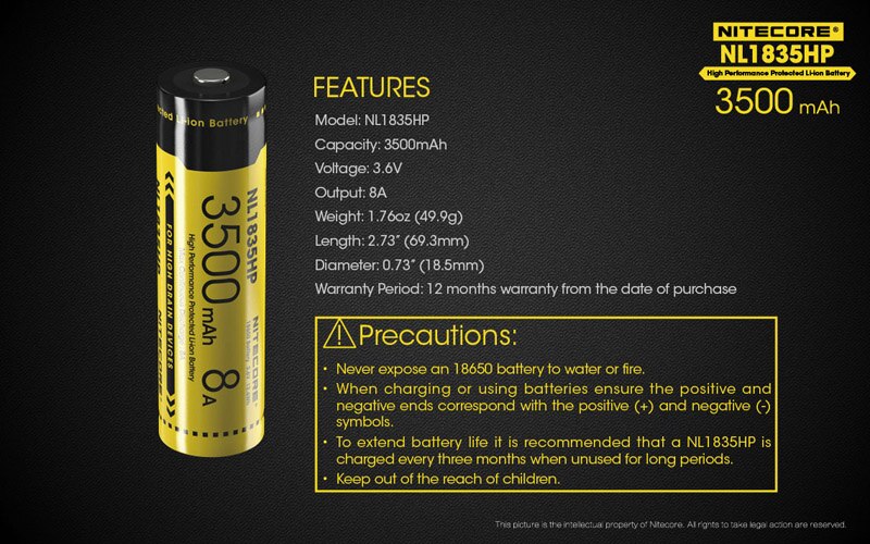 Original Nitecore NL1835HP 3500mAh 8A High Performance Protected 18650 Li-ion Battery: Default Title