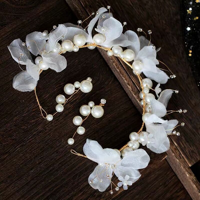 Fe håndlavede blomster hovedbeklædning perler pandebånd hårtilbehør til bryllupsfest blomsterpige hår blomster med øreringe
