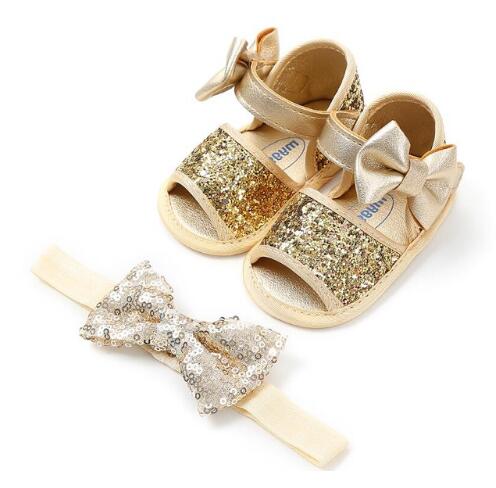 Verão praia princesa estilo meninas sapatos de bebê crianças bling couro do plutônio bonito arco sola macia sandálias casuais e bandana: gold / 1