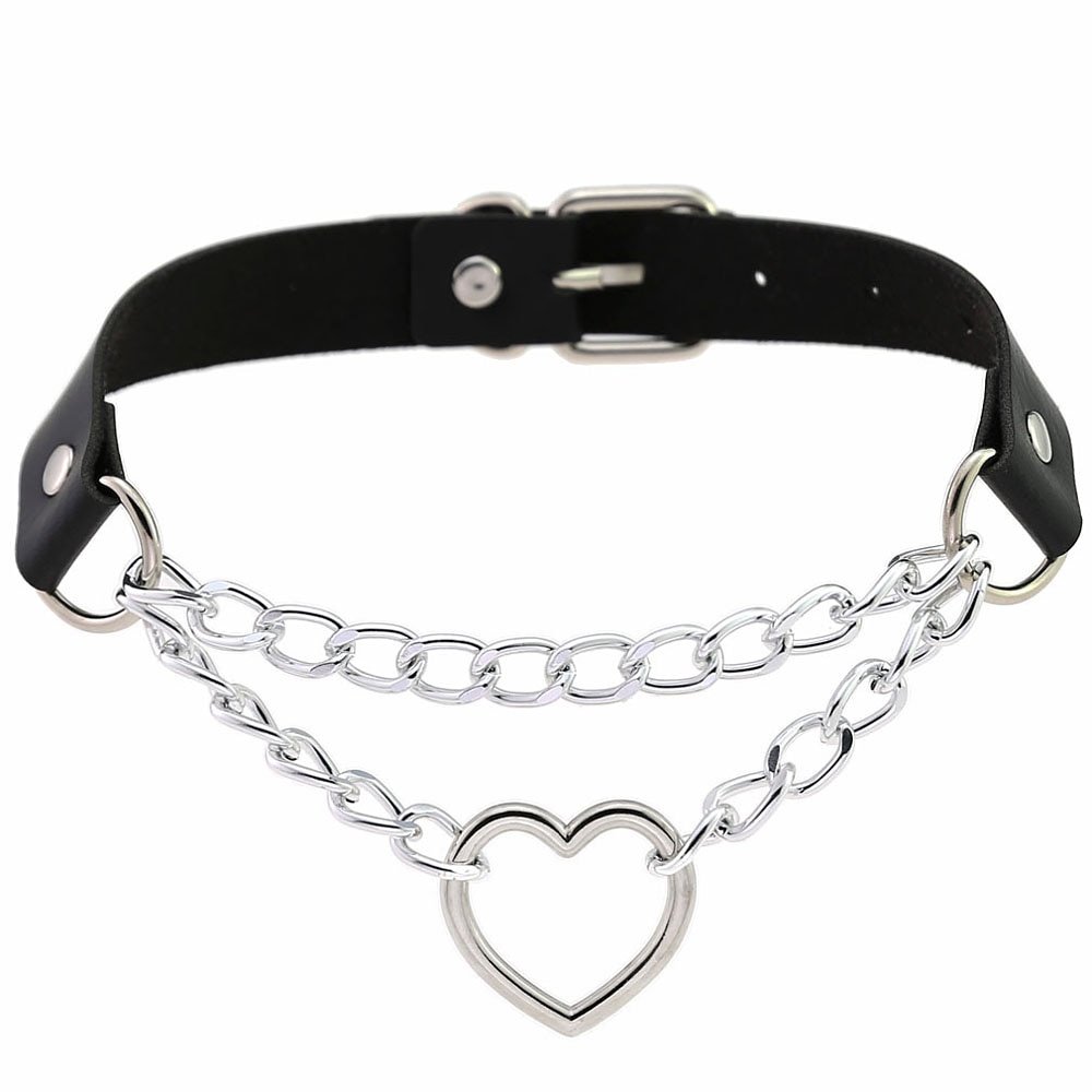 1 Pcs Punk Gothic Leather Collar Choker Metal Chain Harajuku Adjustable Heart Necklace Women's Jewelry Accessories