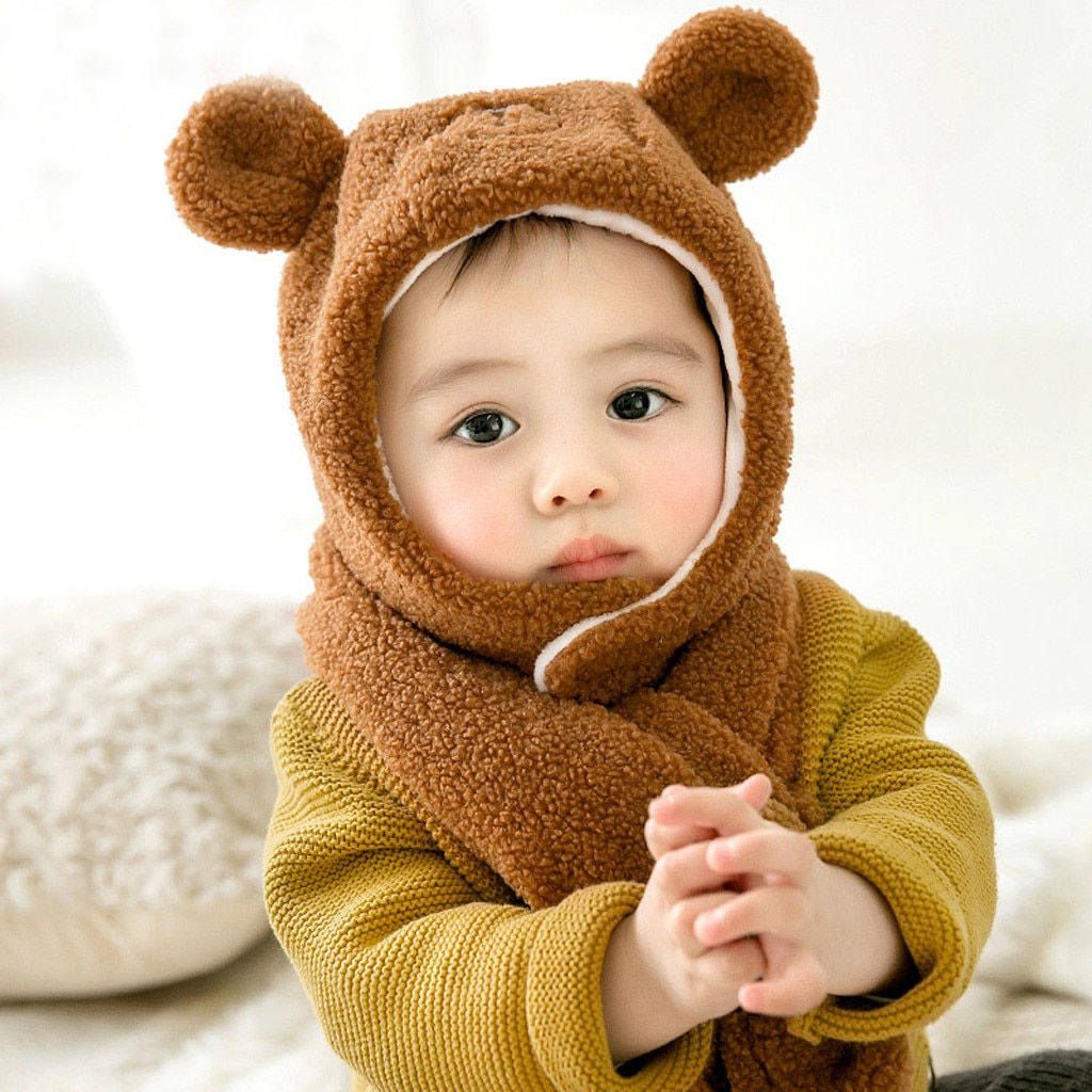 Unisex Cute Baby Cartoon Bear Hat Winter Toddler Boy Girl Solid Knitted Children Lovely Warm Soft Hat+Scarf Two Piece Set